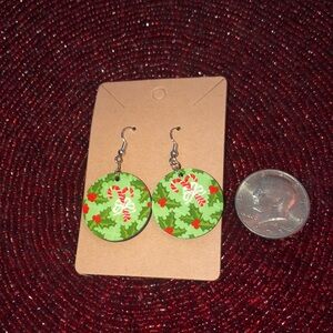 New handmade wood earrings, candy cane, and Holly